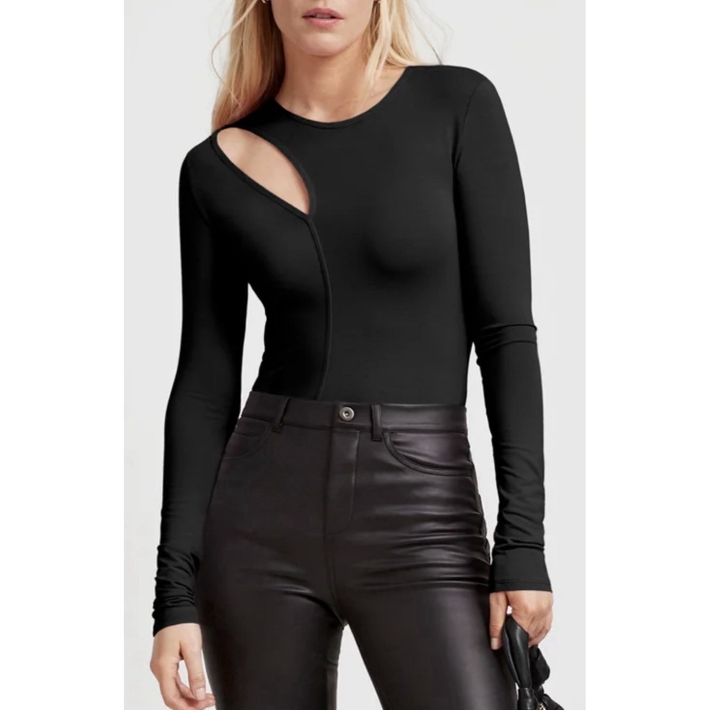 Marcella Women's XL Seta Top Sustainable European Jersey Petal Cutout Top Black